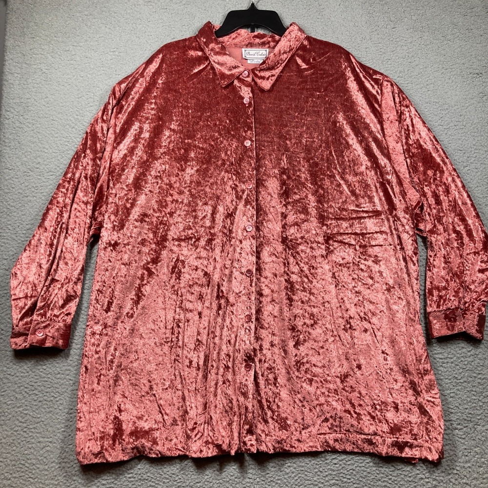 Vintage David Calais Top‎ Women's 4X Pink Velvet Button Up Long Sleeve Tunic